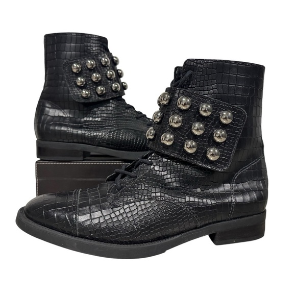SCHUTZ Women's Marieta Croc Embossed StuddedLeather Black Size 8.5B